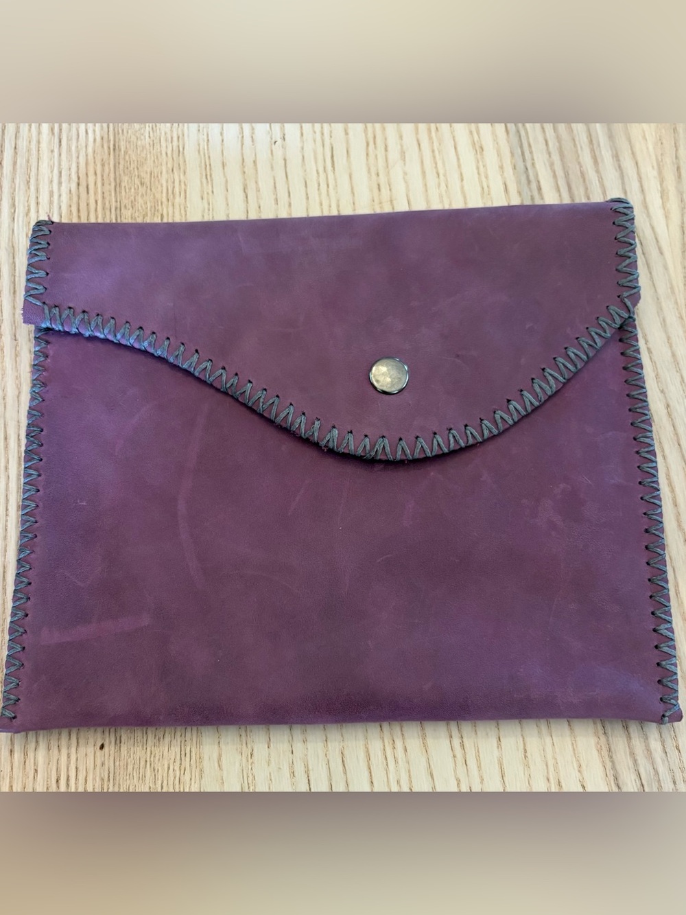 Plum Leather Envelope Clutch with Whipstitch Trim